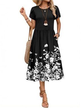 Casual Short Sleeve Flowy Midi Dress with Pockets A-Line Tshirt Beach Sundress